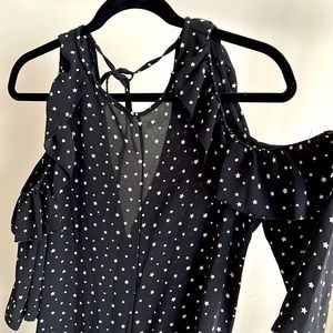 S size fabric jumpsuit , long, black ,  white star pattern , collared